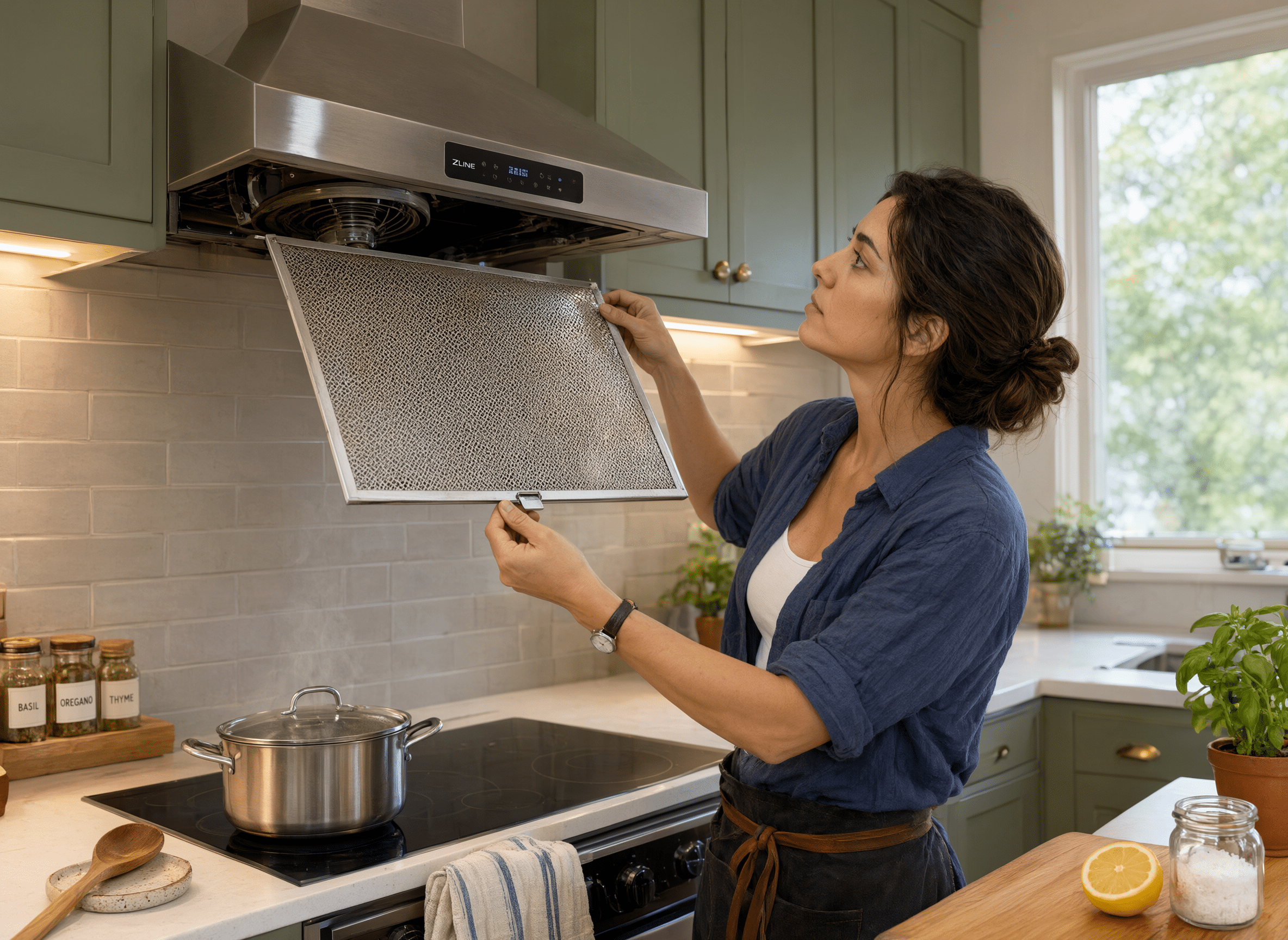 Person carefully removing a rectangular metal filter from a kitchen range hood, ensuring a secure grip to prevent damage or injury