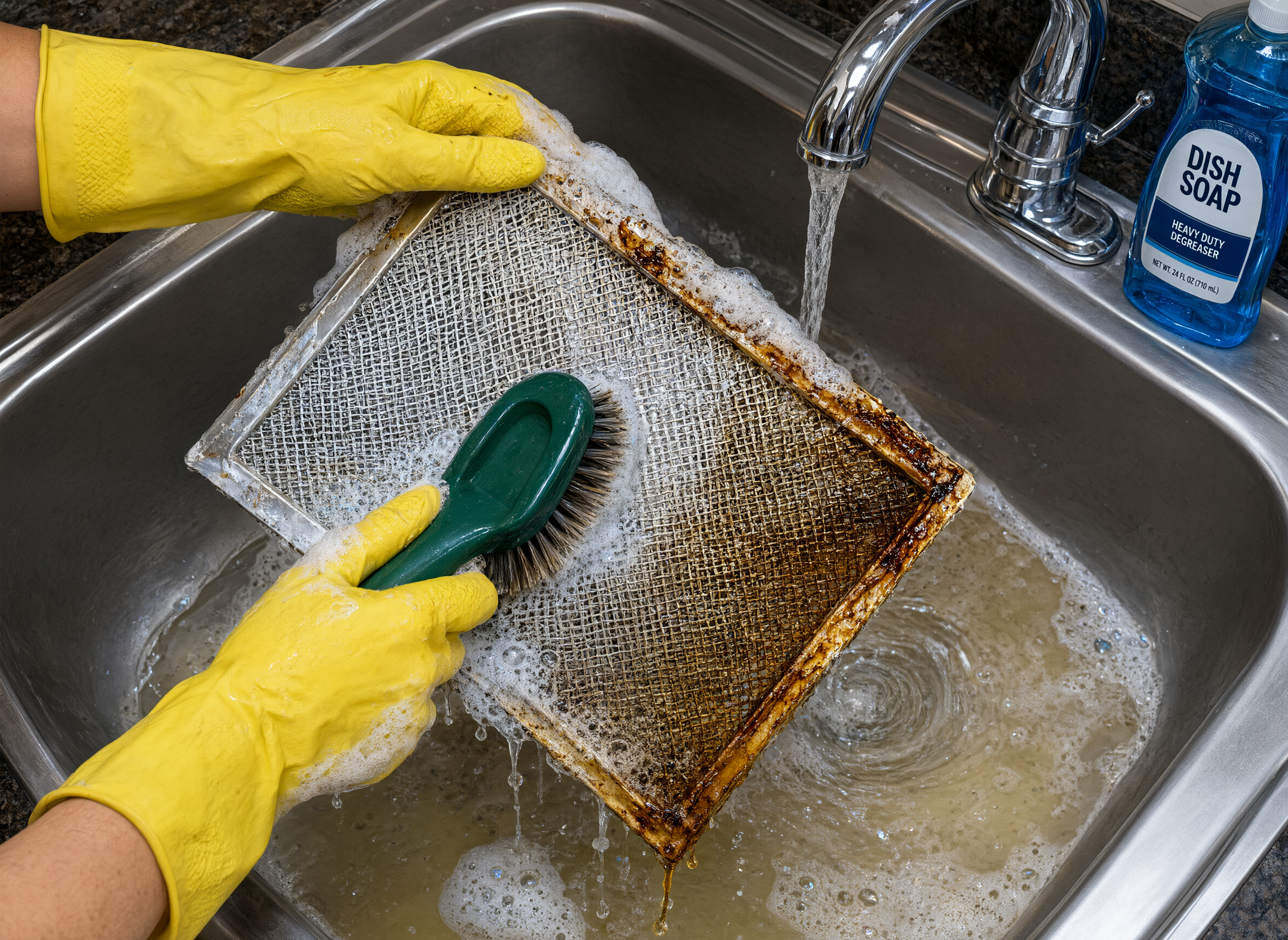 Hands scrubbing a greasy range hood filter over a sink with soapy water and a scrub brush, demonstrating thorough cleaning technique