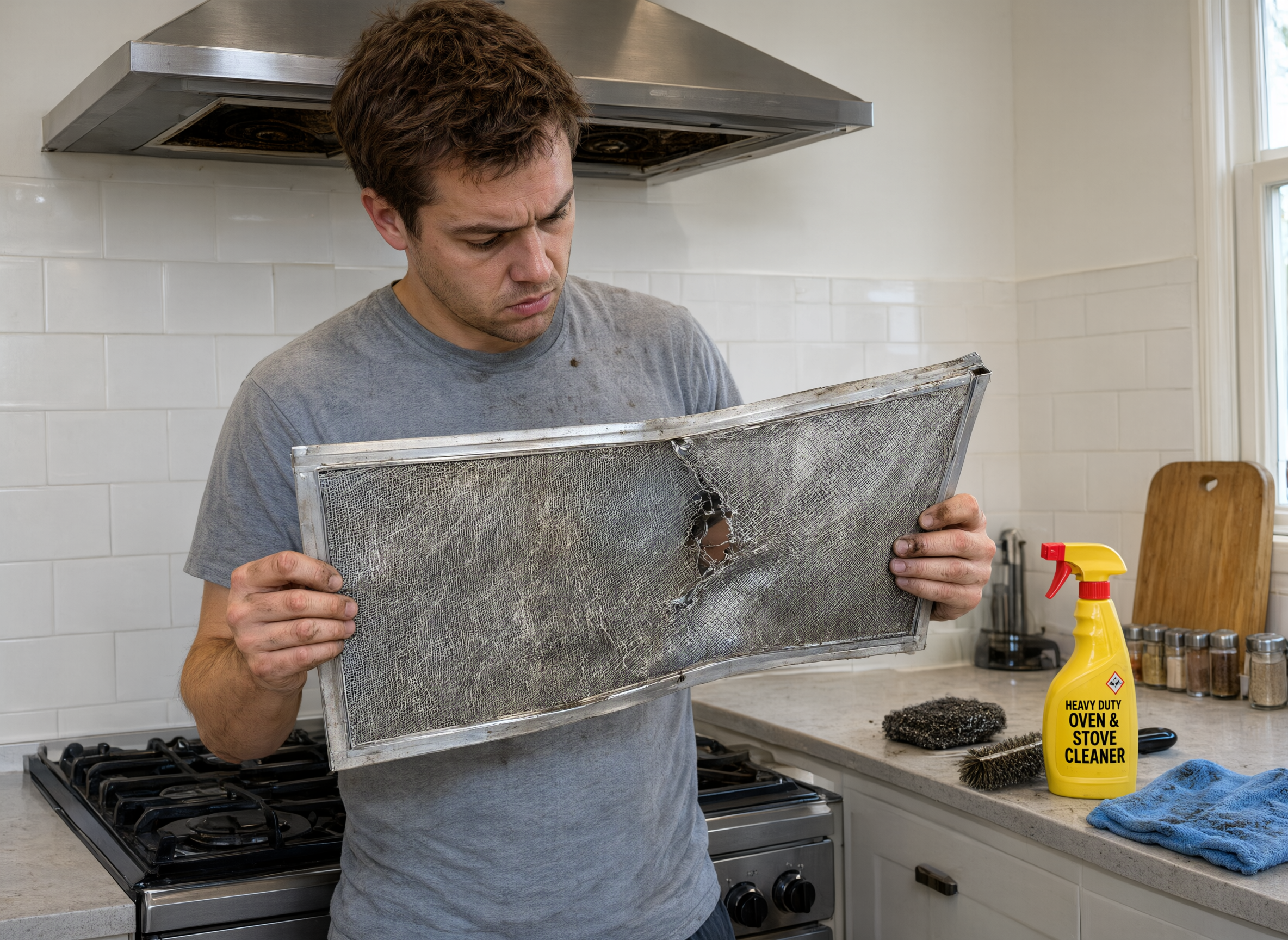 Person holding an incorrectly removed range hood filter, showing signs of damage from improper handling and cleaning methods